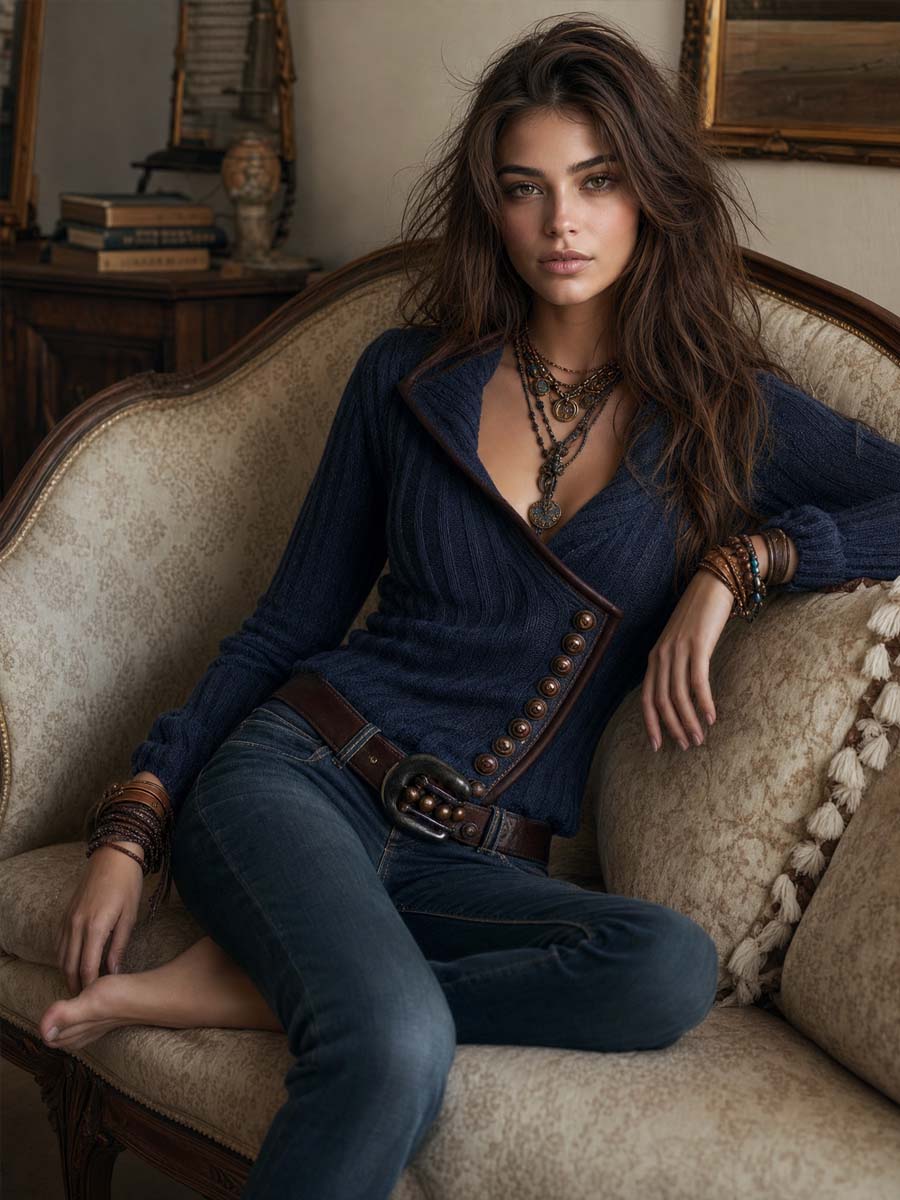 Navy Ribbed Wrap Cardigan