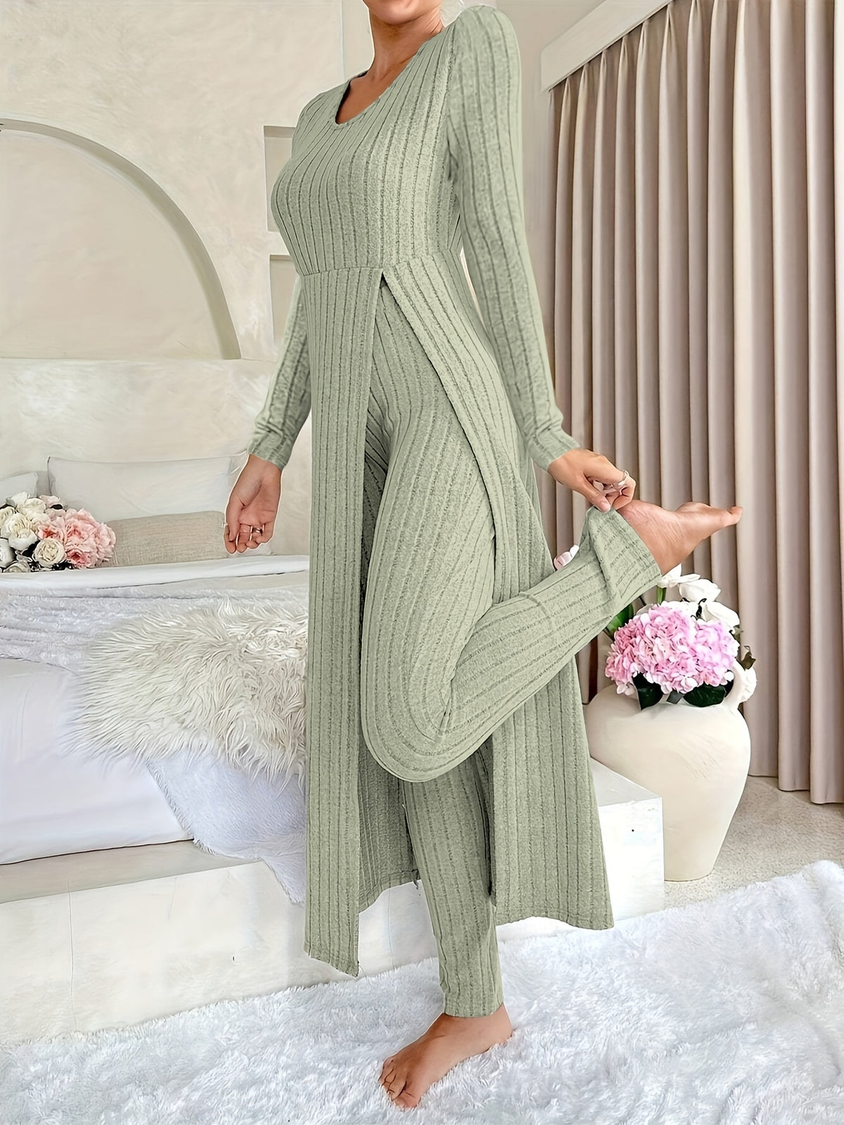 Designer Round Neck Split Long Sleeve Top and Pants