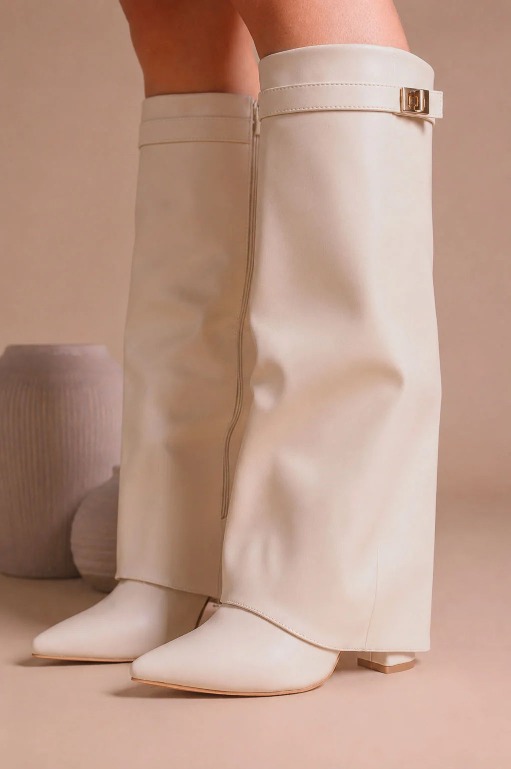 Black Leather Fold Over Shark Classic Buckle Knee High Boot