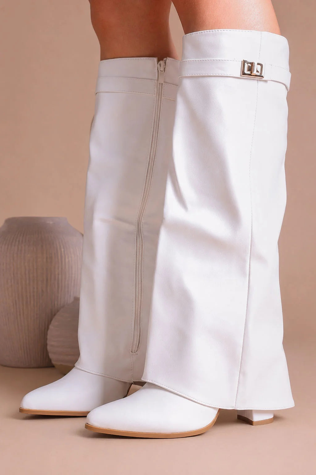 Black Leather Fold Over Shark Classic Buckle Knee High Boot