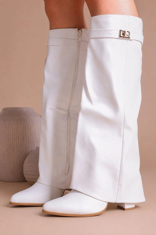 Black Leather Fold Over Shark Classic Buckle Knee High Boot