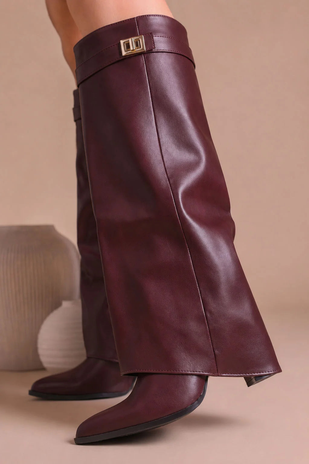 Black Leather Fold Over Shark Classic Buckle Knee High Boot