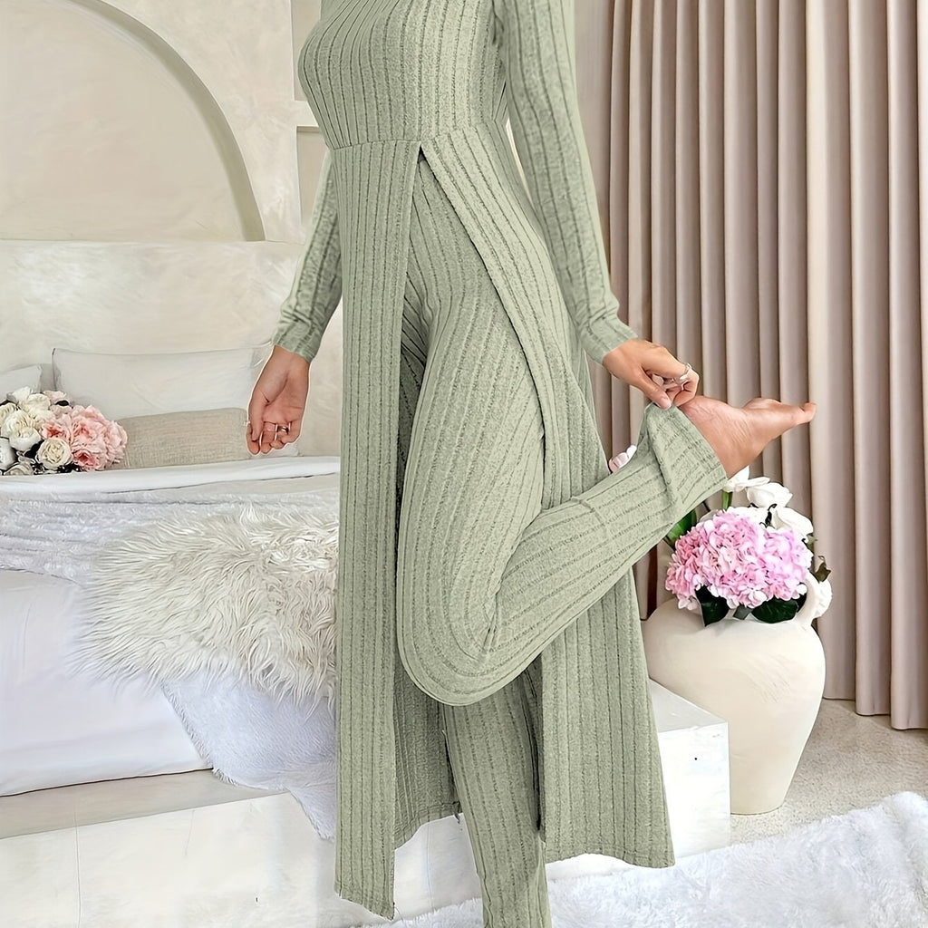 Designer Round Neck Split Long Sleeve Top and Pants