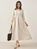 100% Linen Bateau Neck Pleated Midi Dress ABIGAIL