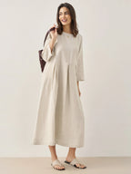 100% Linen Bateau Neck Pleated Midi Dress ABIGAIL