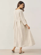 100% Linen Bateau Neck Pleated Midi Dress ABIGAIL