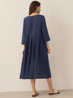 100% Linen Bateau Neck Pleated Midi Dress ABIGAIL