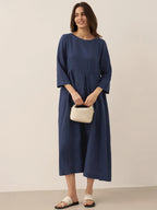 100% Linen Bateau Neck Pleated Midi Dress ABIGAIL
