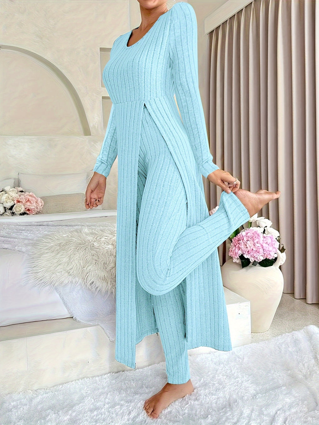 Designer Round Neck Split Long Sleeve Top and Pants