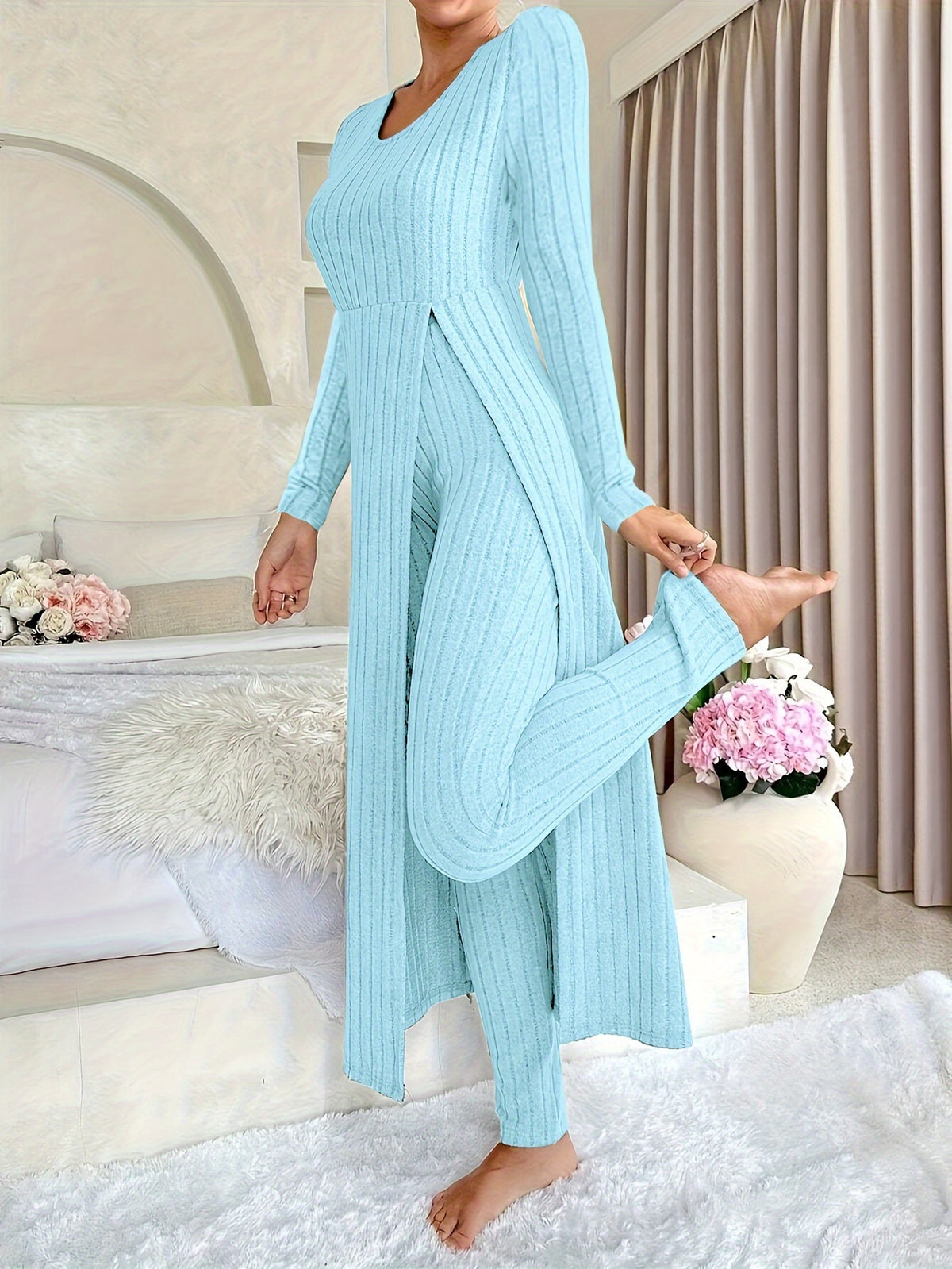 Designer Round Neck Split Long Sleeve Top and Pants