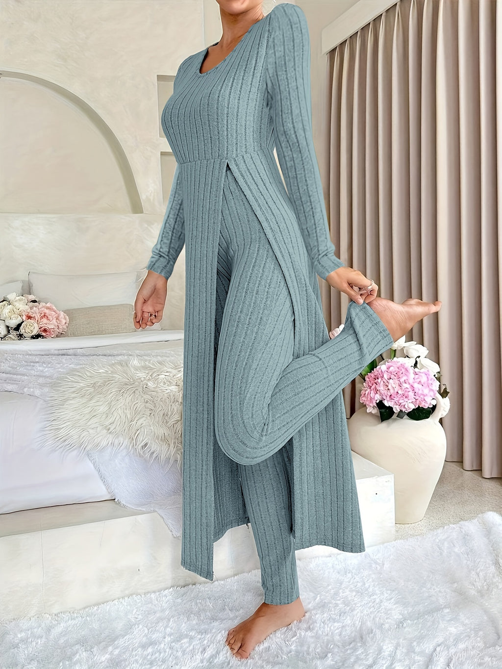 Designer Round Neck Split Long Sleeve Top and Pants