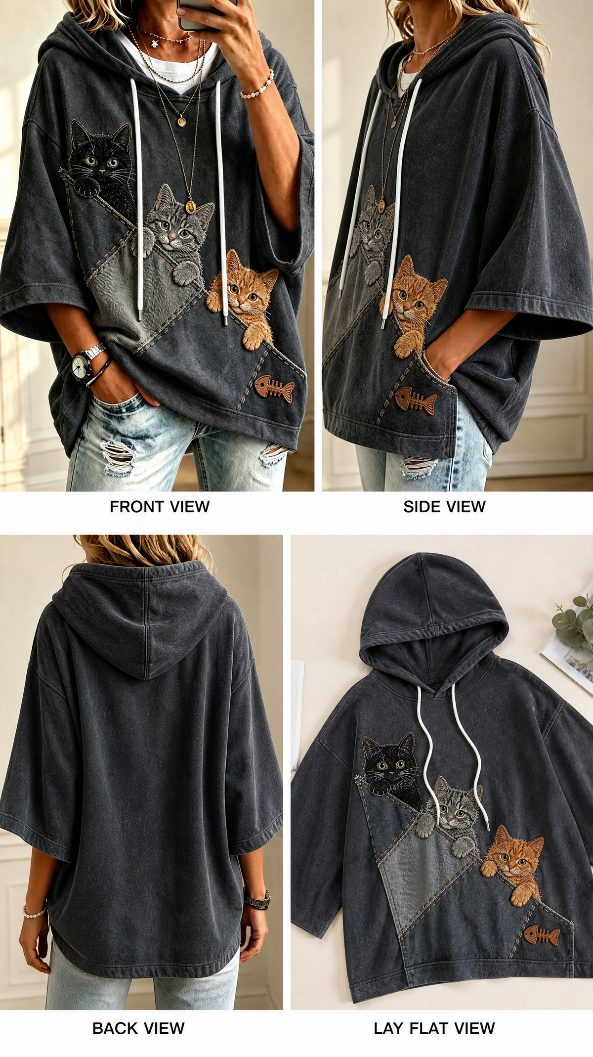 Katteelsker Hoodie med 3D Katteprint – Oversized Unisex Pasform