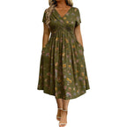 Women's V-Neck Floral Print Dress with Twist Waist