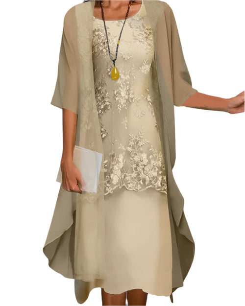 Cayenne | Lace Midi Dress with Sheer Sleeve Overlay for Women