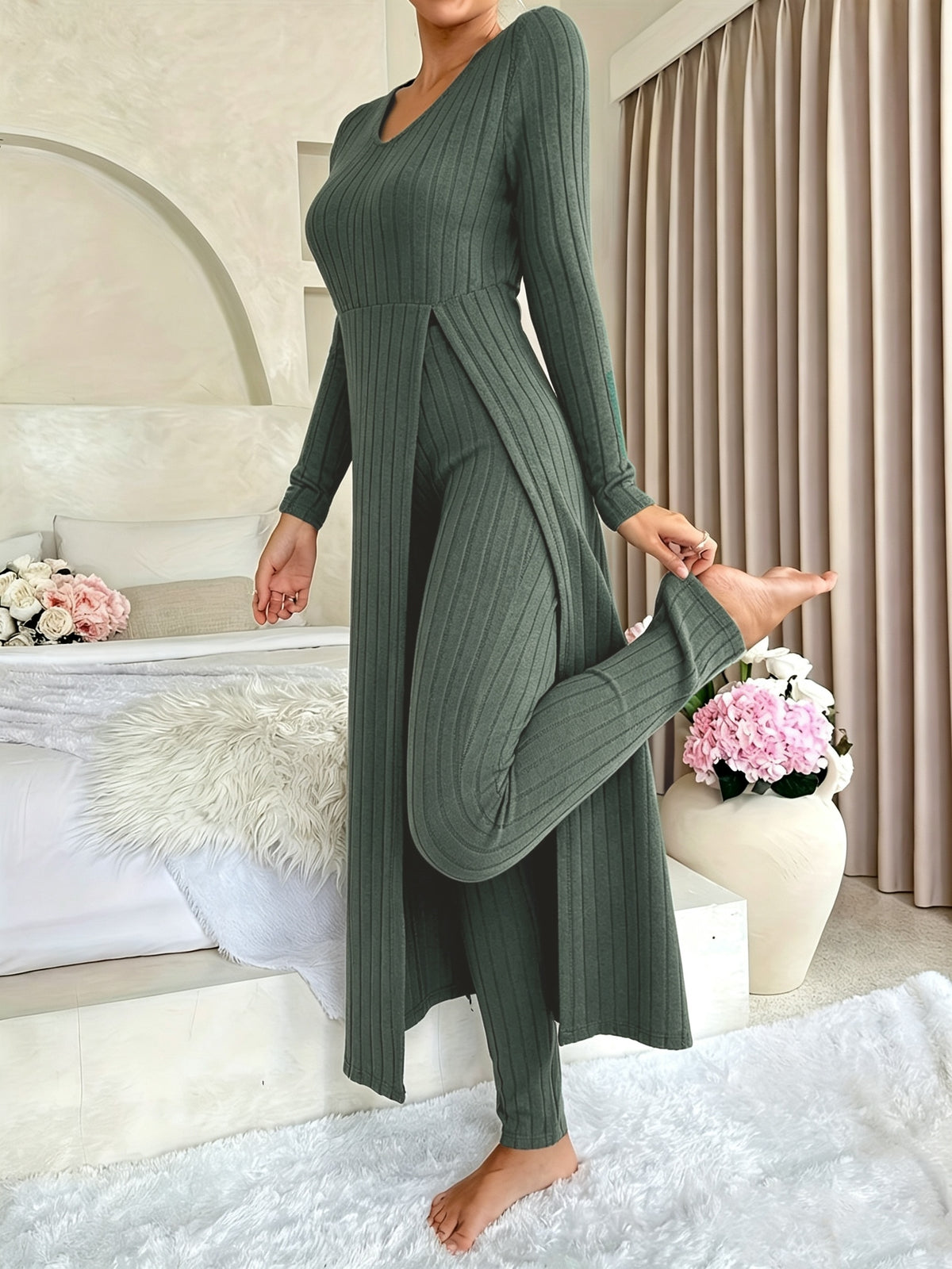Designer Round Neck Split Long Sleeve Top and Pants