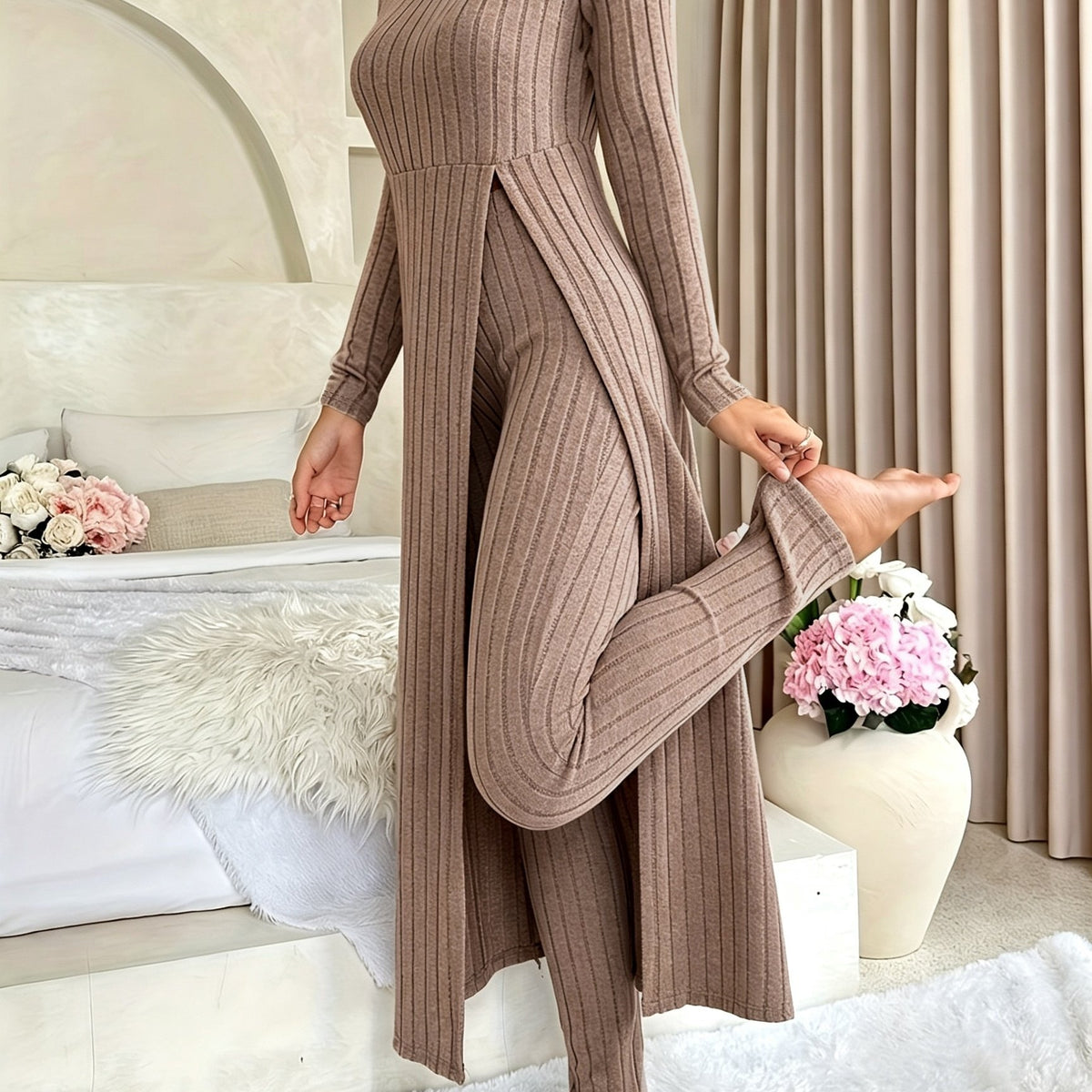 Designer Round Neck Split Long Sleeve Top and Pants