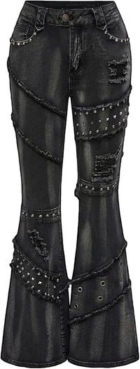 Zwarte Flared Cargo Jeans met Studs en Patchworkdetails