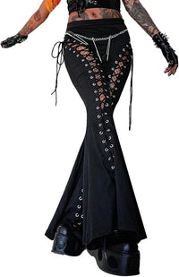 Black Lace-Up Flare Pants – Gothic Cut-Out Bell Bottom Trousers