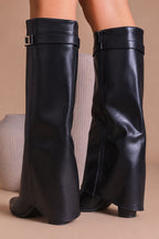 Black Leather Fold Over Shark Classic Buckle Knee High Boot