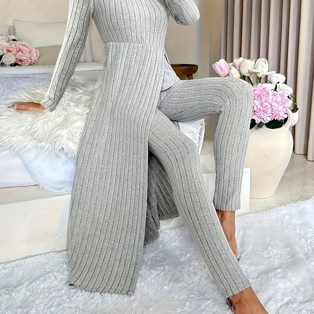 Autumn-Winter Casual Robe and Long Pants Set, High Slit Dress Set, Hair Needle Material, Suitable for Daily Wear, Home Casual Wear