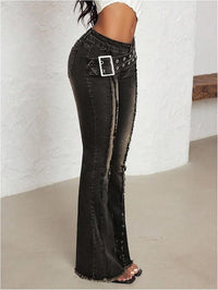 Zwarte Flared Jeans met Studsriem