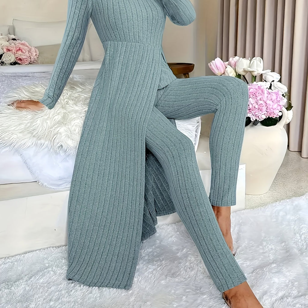 Autumn-Winter Casual Robe and Long Pants Set, High Slit Dress Set, Hair Needle Material, Suitable for Daily Wear, Home Casual Wear