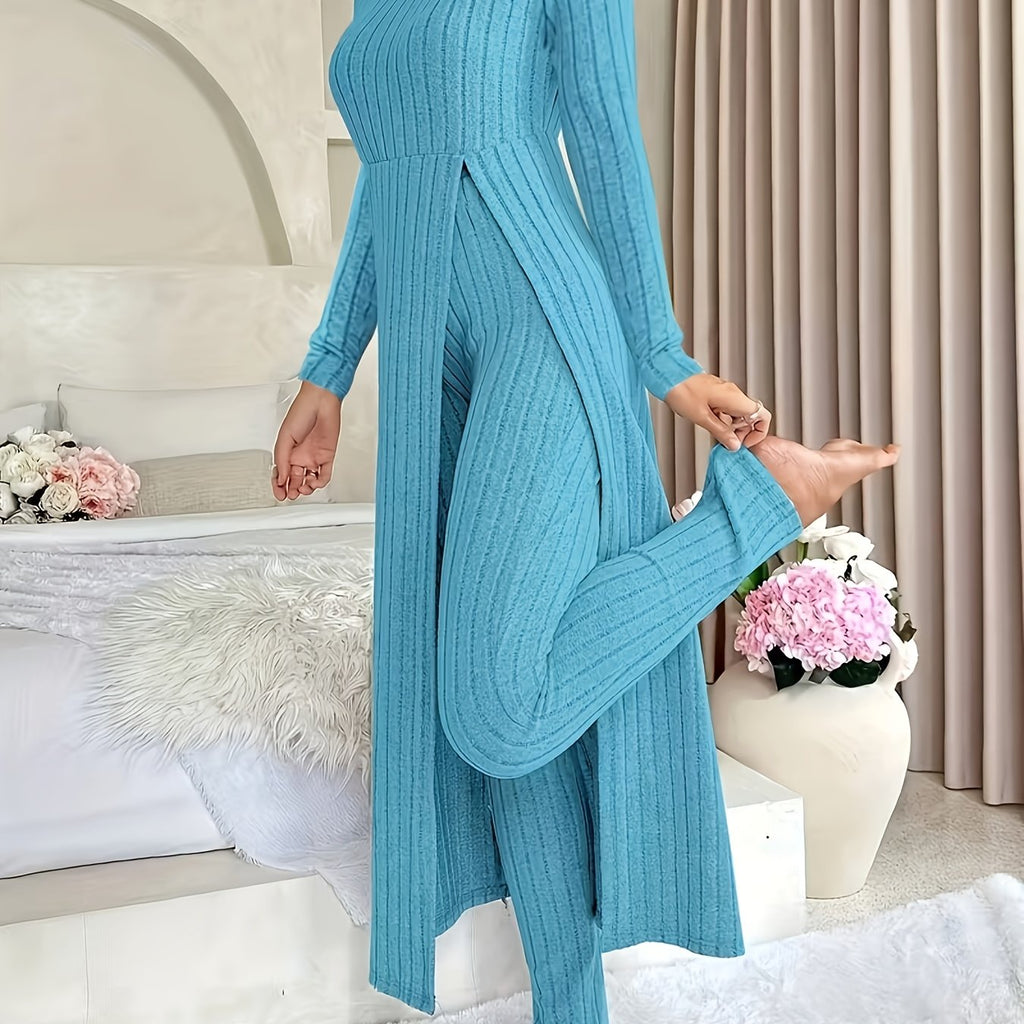 Autumn-Winter Casual Robe and Long Pants Set, High Slit Dress Set, Hair Needle Material, Suitable for Daily Wear, Home Casual Wear