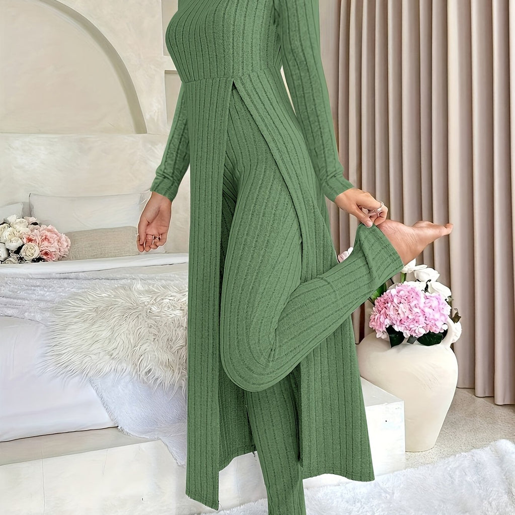 Designer Round Neck Split Long Sleeve Top and Pants