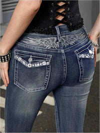Donkerblauwe Jeans met Vleugelborduursel en Strassdetails