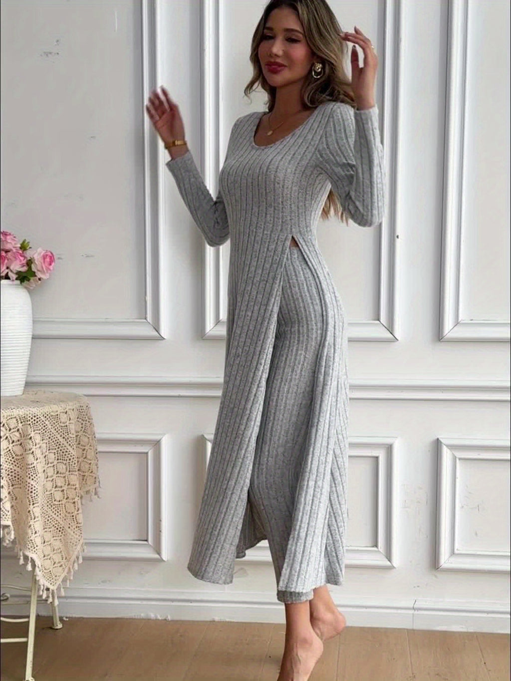 Designer Round Neck Split Long Sleeve Top and Pants