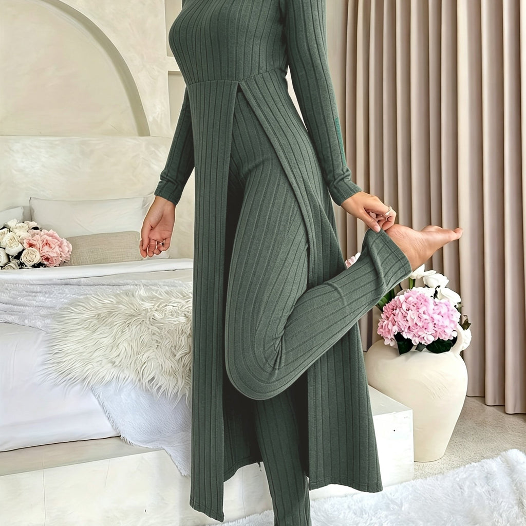 Designer Round Neck Split Long Sleeve Top and Pants