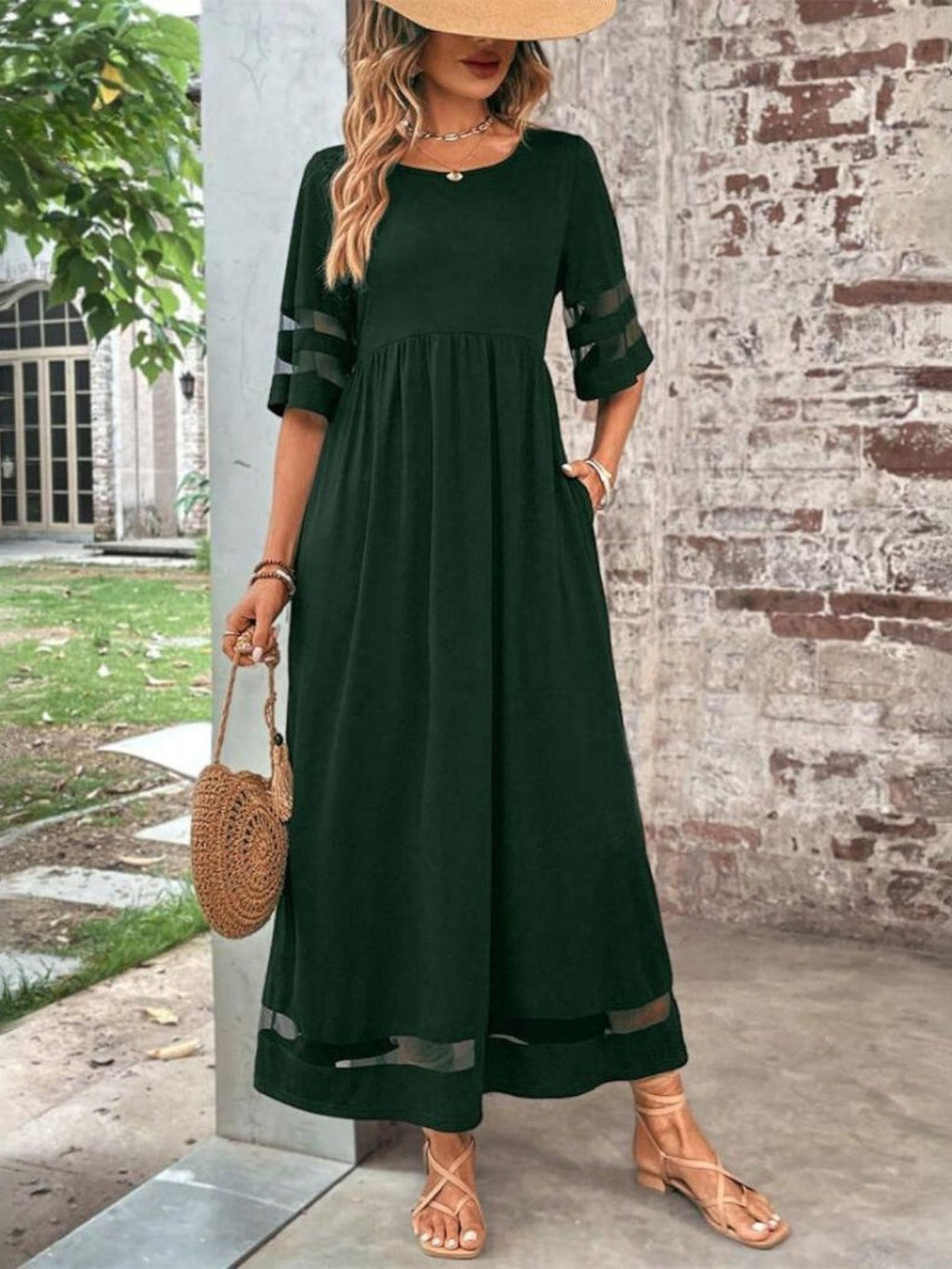 Kathryn | Midi A-Line Dress with Sheer Sleeves for Women
