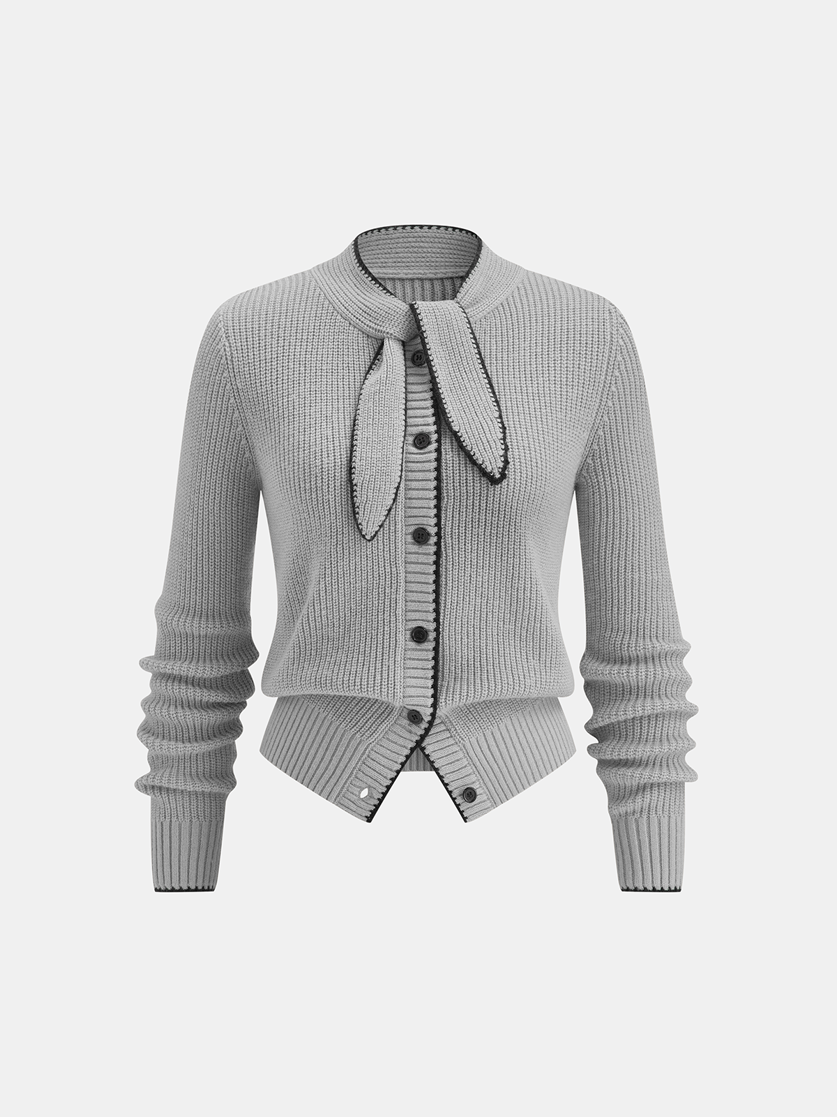Tie Neck Contrast Trim Wool Blend Cardigan