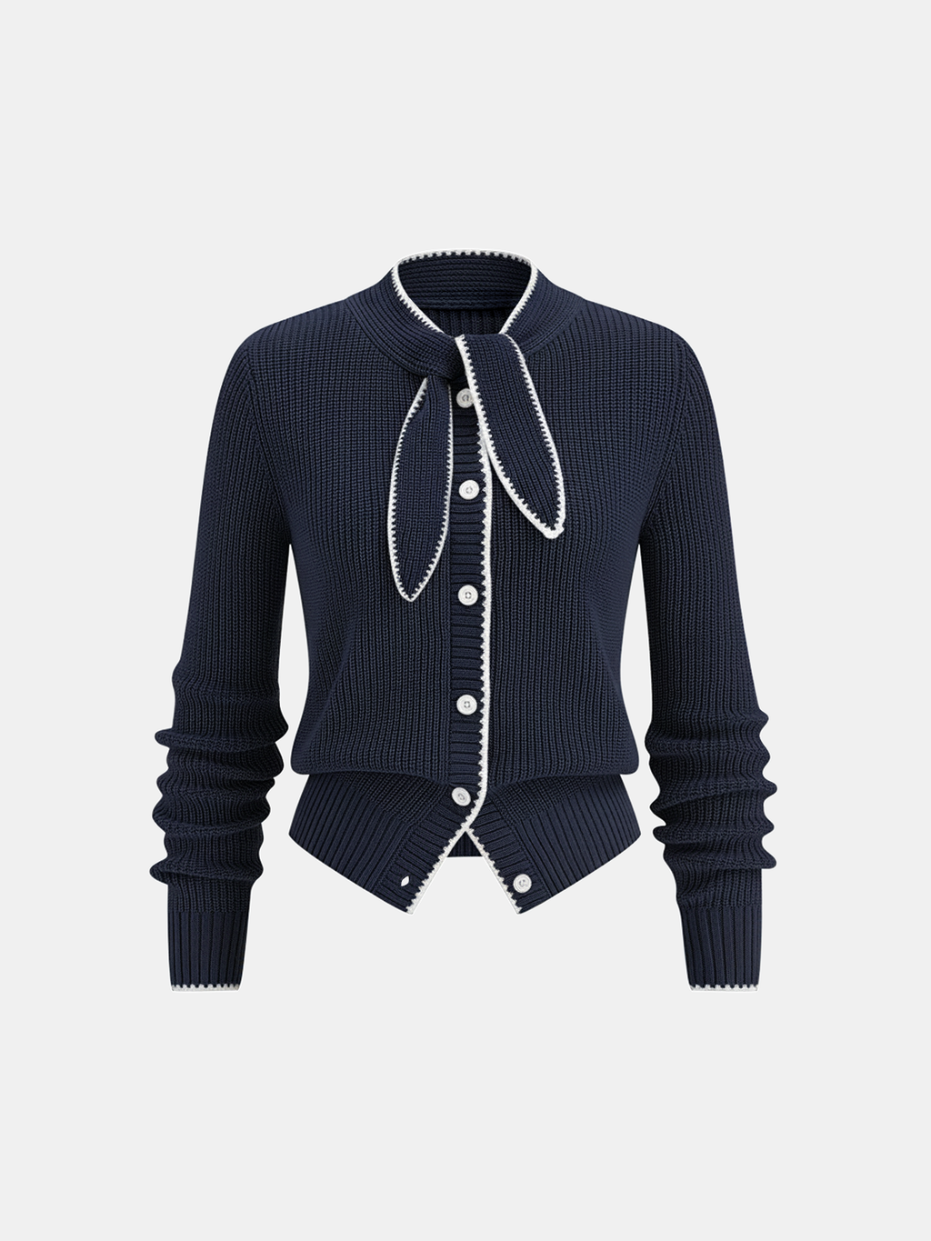 Tie Neck Contrast Trim Wool Blend Cardigan