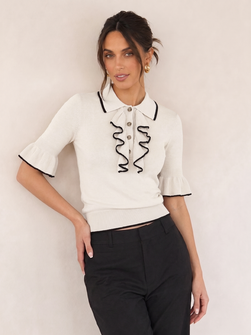 Contrast Trim Ruffle Knit Top
