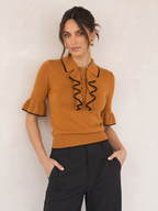 Contrast Trim Ruffle Knit Top