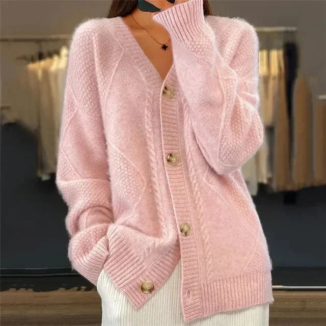 Sofiya | Button Front V-Neck Cardigan with Diamond Knit Detail, Everyday