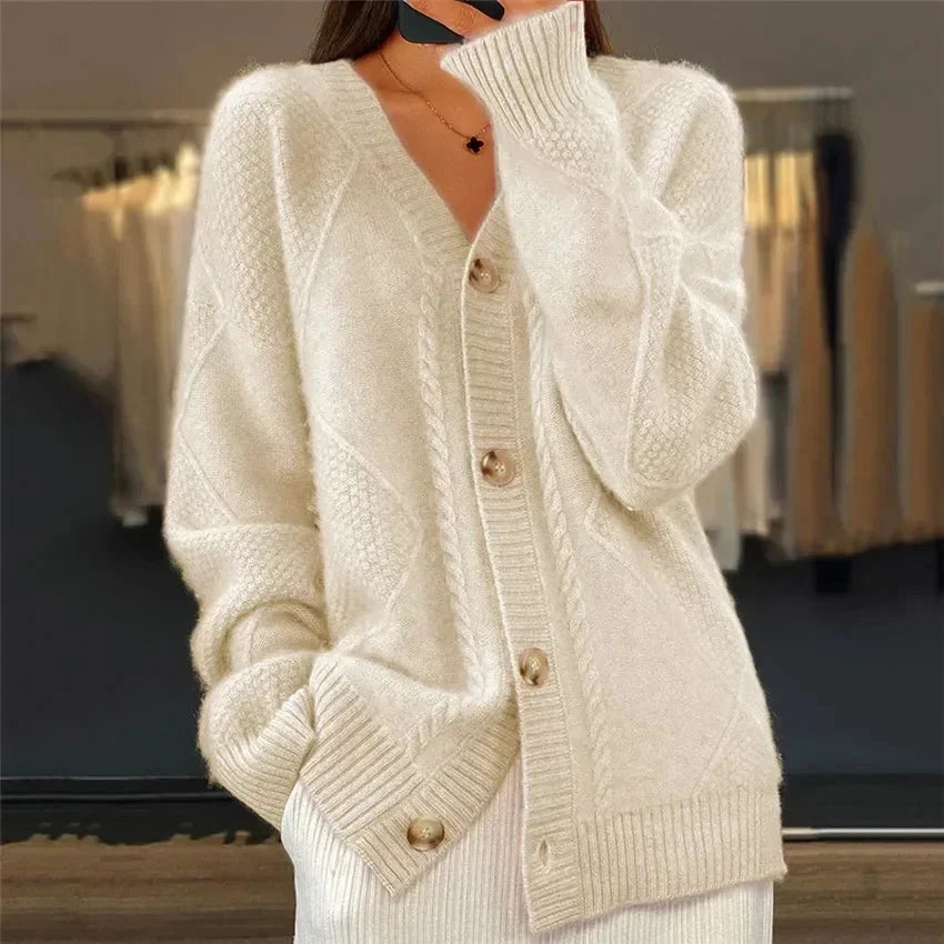 Sofiya | Button Front V-Neck Cardigan with Diamond Knit Detail, Everyday