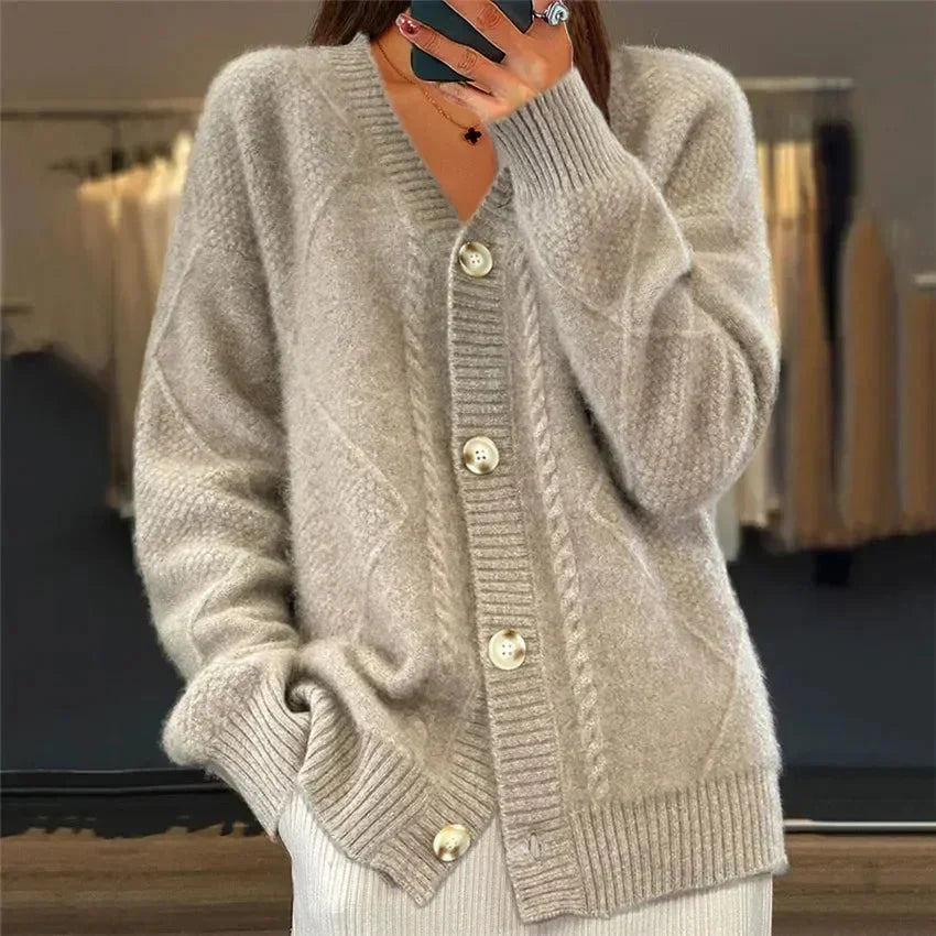 Sofiya | Button Front V-Neck Cardigan with Diamond Knit Detail, Everyday
