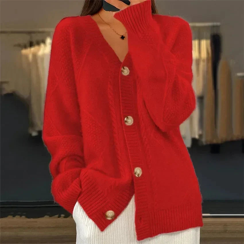 Sofiya | Button Front V-Neck Cardigan with Diamond Knit Detail, Everyday