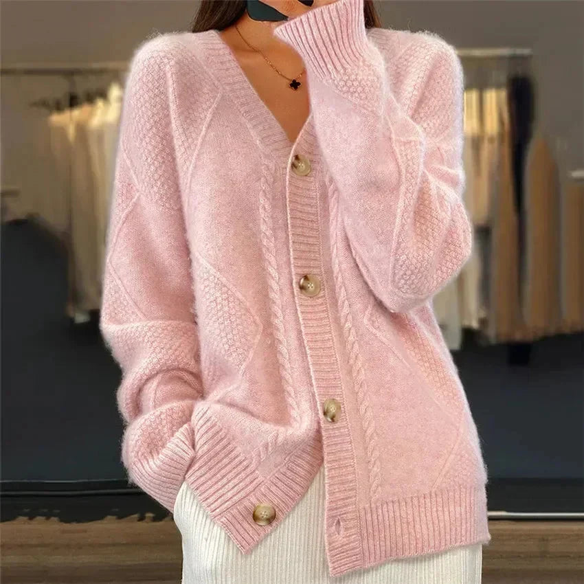 Sofiya | Button Front V-Neck Cardigan with Diamond Knit Detail, Everyday