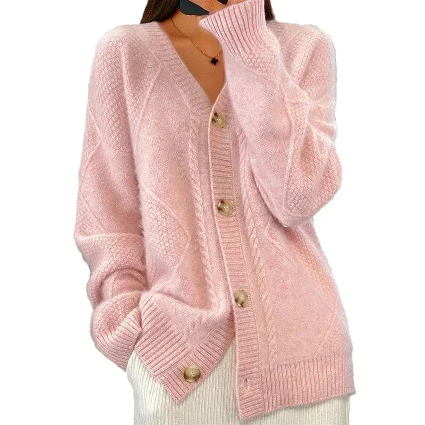 Sofiya | Button Front V-Neck Cardigan with Diamond Knit Detail, Everyday