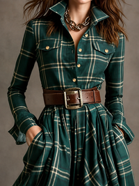 Elegante Geruite Midi Jurk