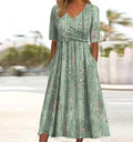 April | V-Neck Floral Midi Dress with Short Sleeves for Women
