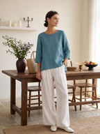 100% Linen Round Neck Asymmetrical Hem Top BRIANNA