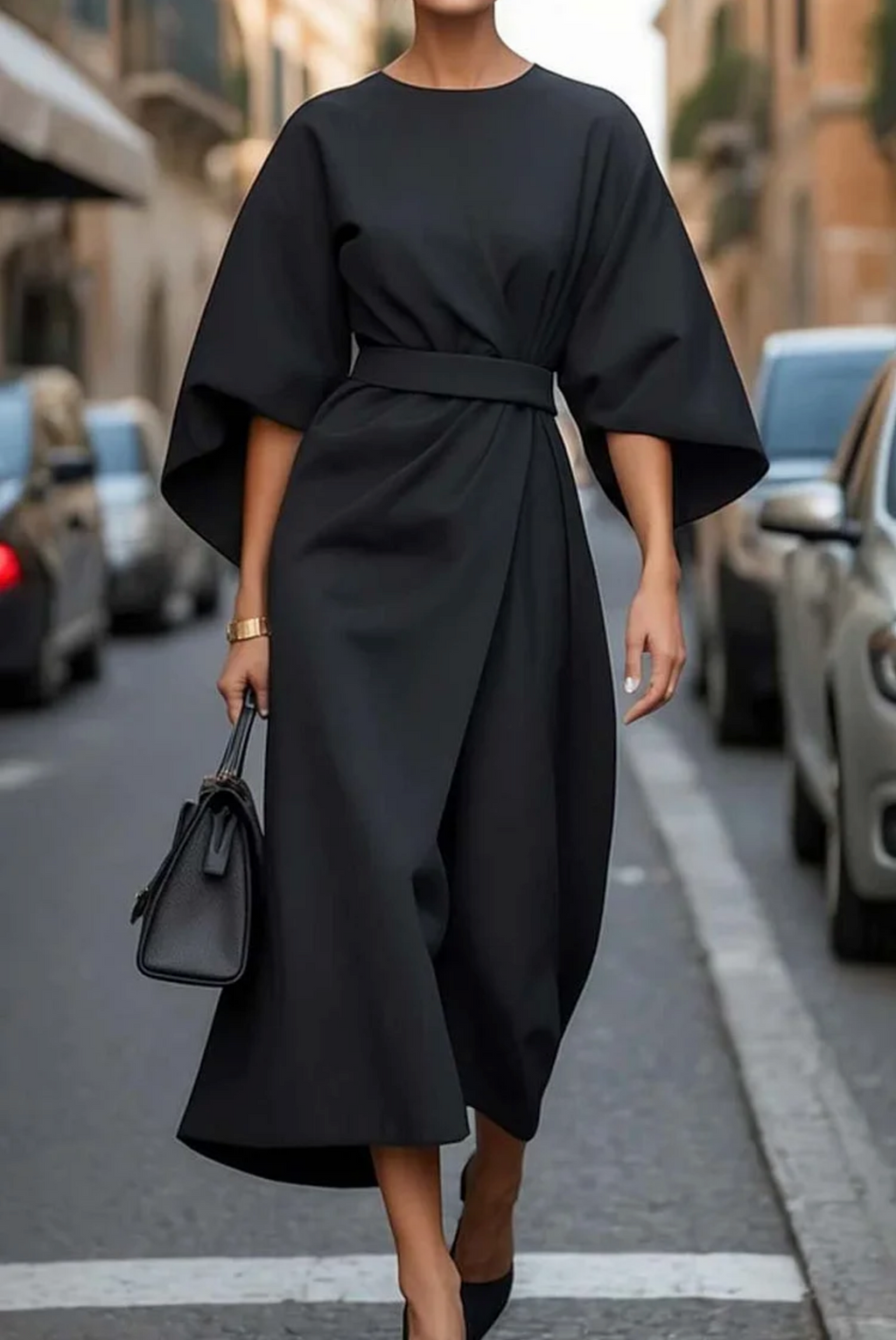 Laurel | Belted Midi Dress with Lantern Sleeves for Women