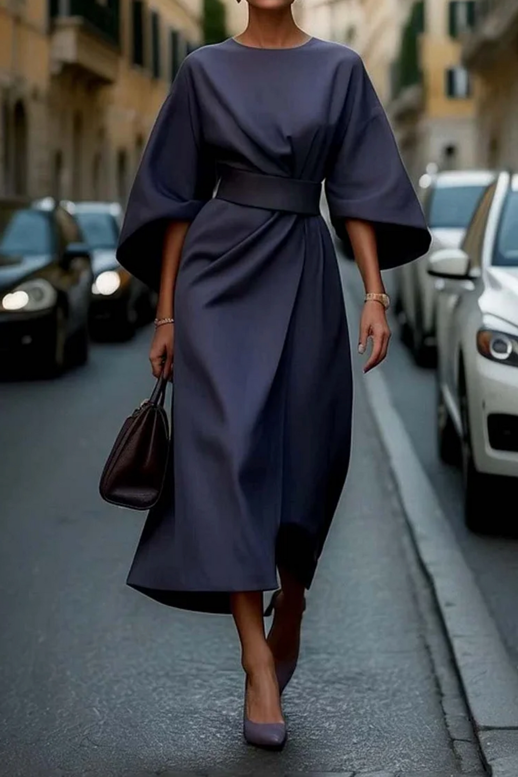 Laurel | Belted Midi Dress with Lantern Sleeves for Women