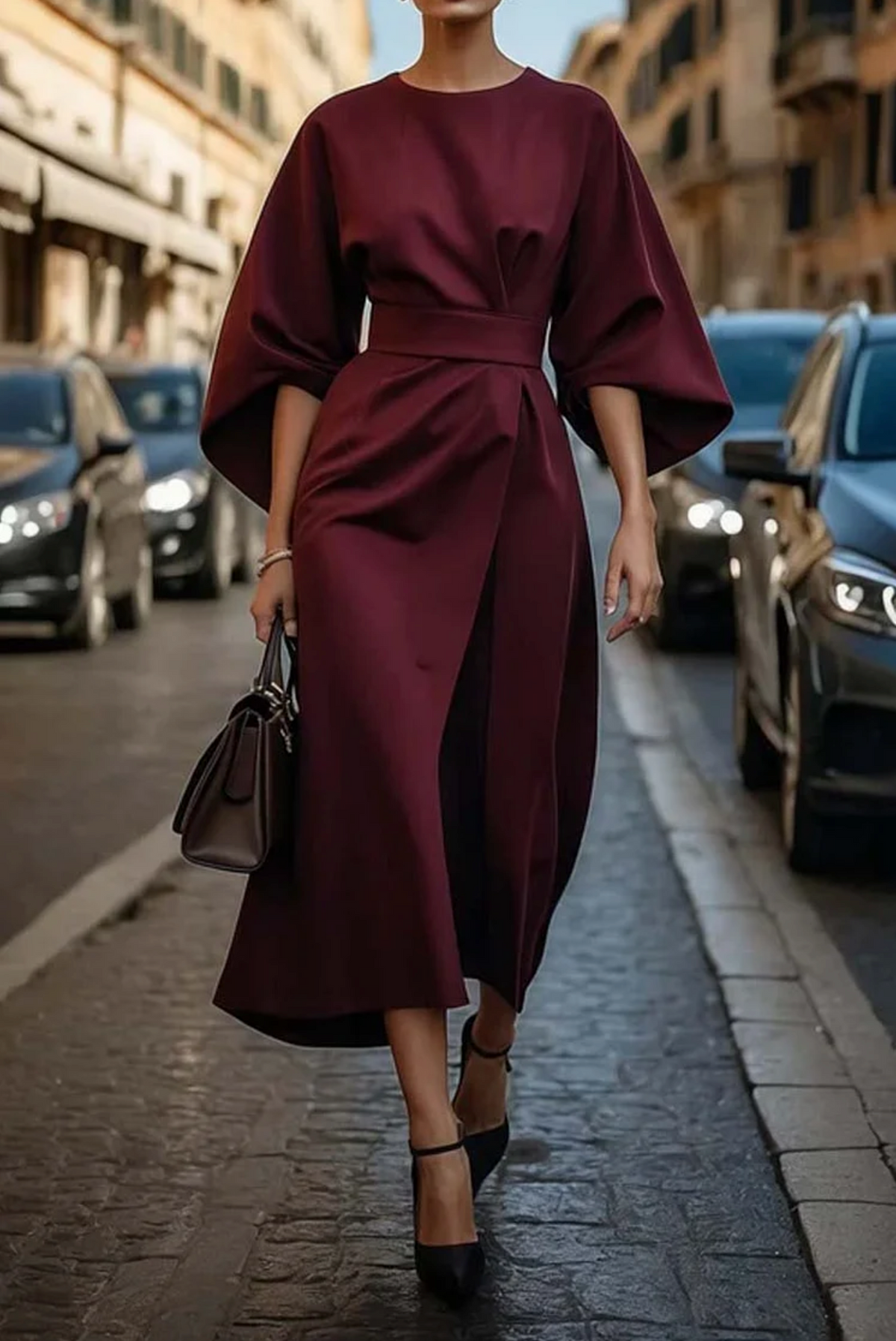 Laurel | Belted Midi Dress with Lantern Sleeves for Women
