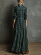 Green Plaid Lapel Single-Breasted Shirt Long Dress