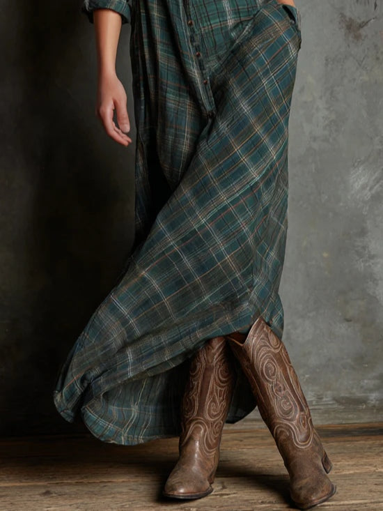 Green Plaid Lapel Single-Breasted Shirt Long Dress